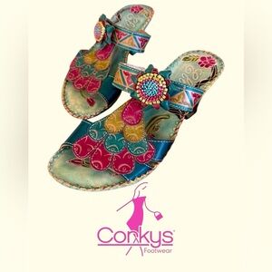 NWOT Elite by Corkys Teal Pink Gold Multicolor Floral Rosette Slide Sandals